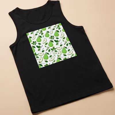 Illustrative pattern t-shirt featuring fresh green pears and leaves — printed on a tank top