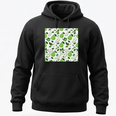 Illustrative pattern t-shirt featuring fresh green pears and leaves — printed on a unisex hoodie