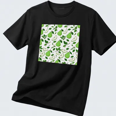 Illustrative pattern t-shirt featuring fresh green pears and leaves