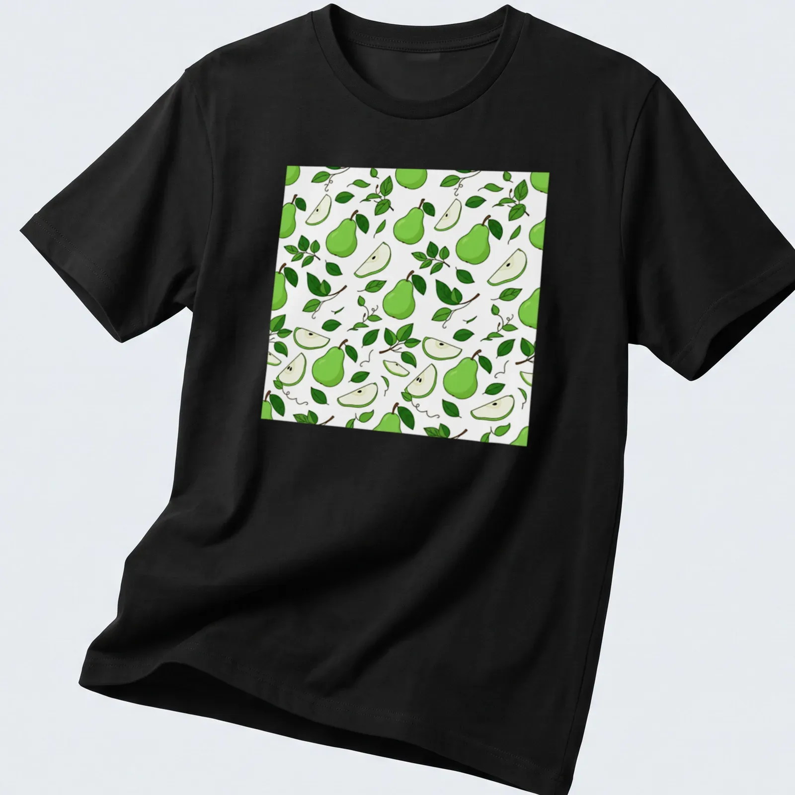Illustrative pattern t-shirt featuring fresh green pears and leaves — printed on a unisex t-shirt