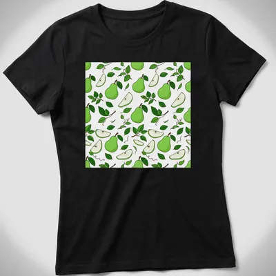 Illustrative pattern t-shirt featuring fresh green pears and leaves — printed on a women's shirt