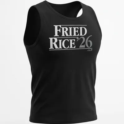 Bold 'Fried Rice 26' text on a gray t-shirt honoring Max Fried — printed on a tank top
