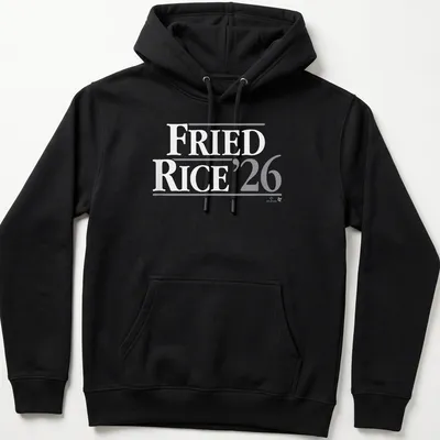 Bold 'Fried Rice 26' text on a gray t-shirt honoring Max Fried — printed on a unisex hoodie