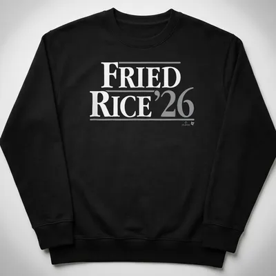 Bold 'Fried Rice 26' text on a gray t-shirt honoring Max Fried — printed on a unisex sweatshirt