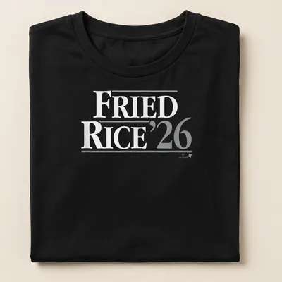 Bold 'Fried Rice 26' text on a gray t-shirt honoring Max Fried — printed on a women's shirt
