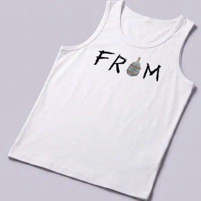 Illustrative talisman stone pendant T-shirt featuring the word FROM. — printed on a tank top