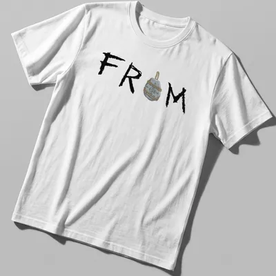 Illustrative talisman stone pendant T-shirt featuring the word FROM.