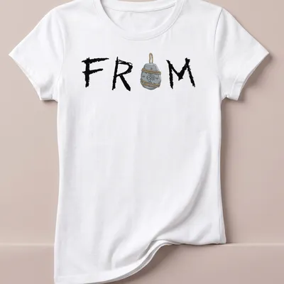 Illustrative talisman stone pendant T-shirt featuring the word FROM. — printed on a women's shirt