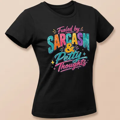 Vibrant retro tee featuring sarcastic and humorous text in multiple colors — printed on a women's shirt