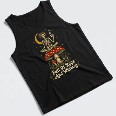 Whimsical illustration of a skeleton on a mushroom holding a coffee cup with colorful details — printed on a tank top