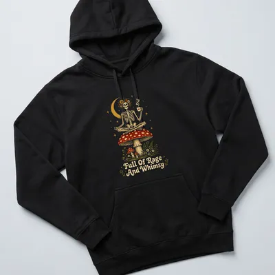 Whimsical illustration of a skeleton on a mushroom holding a coffee cup with colorful details — printed on a unisex hoodie
