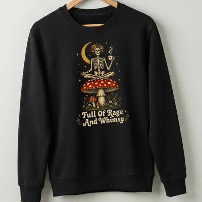 Whimsical illustration of a skeleton on a mushroom holding a coffee cup with colorful details — printed on a unisex sweatshirt