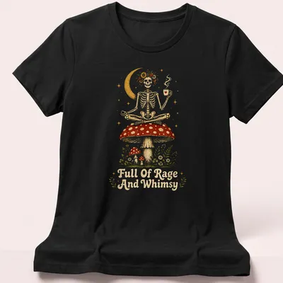 Whimsical illustration of a skeleton on a mushroom holding a coffee cup with colorful details — printed on a women's shirt