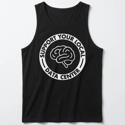 Humorous graphic of a data center with the text 'Funny Anti Data Center' — printed on a tank top