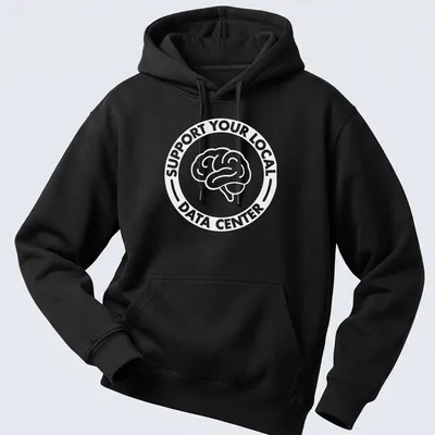 Humorous graphic of a data center with the text 'Funny Anti Data Center' — printed on a unisex hoodie