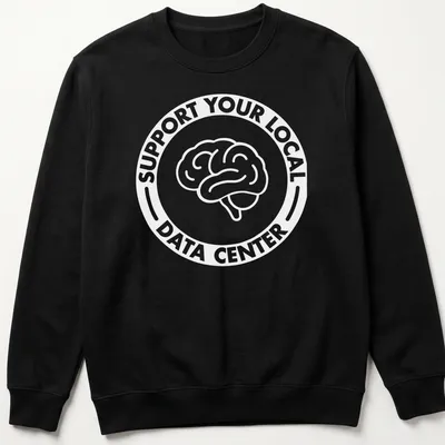 Humorous graphic of a data center with the text 'Funny Anti Data Center' — printed on a unisex sweatshirt