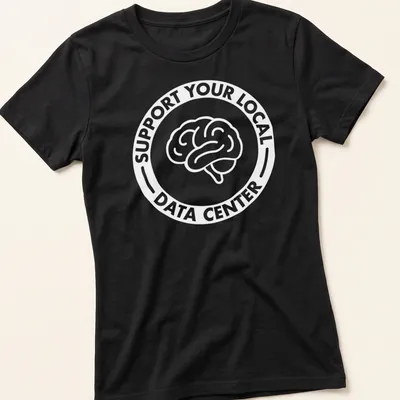 Humorous graphic of a data center with the text 'Funny Anti Data Center' — printed on a women's shirt