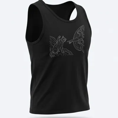 Retro comic art t-shirt featuring a playful cat in beige and gray — printed on a tank top