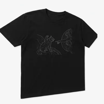 Retro comic art t-shirt featuring a playful cat in beige and gray — printed on a unisex t-shirt (angled view)