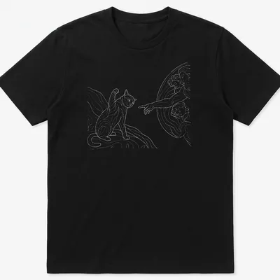 Retro comic art t-shirt featuring a playful cat in beige and gray