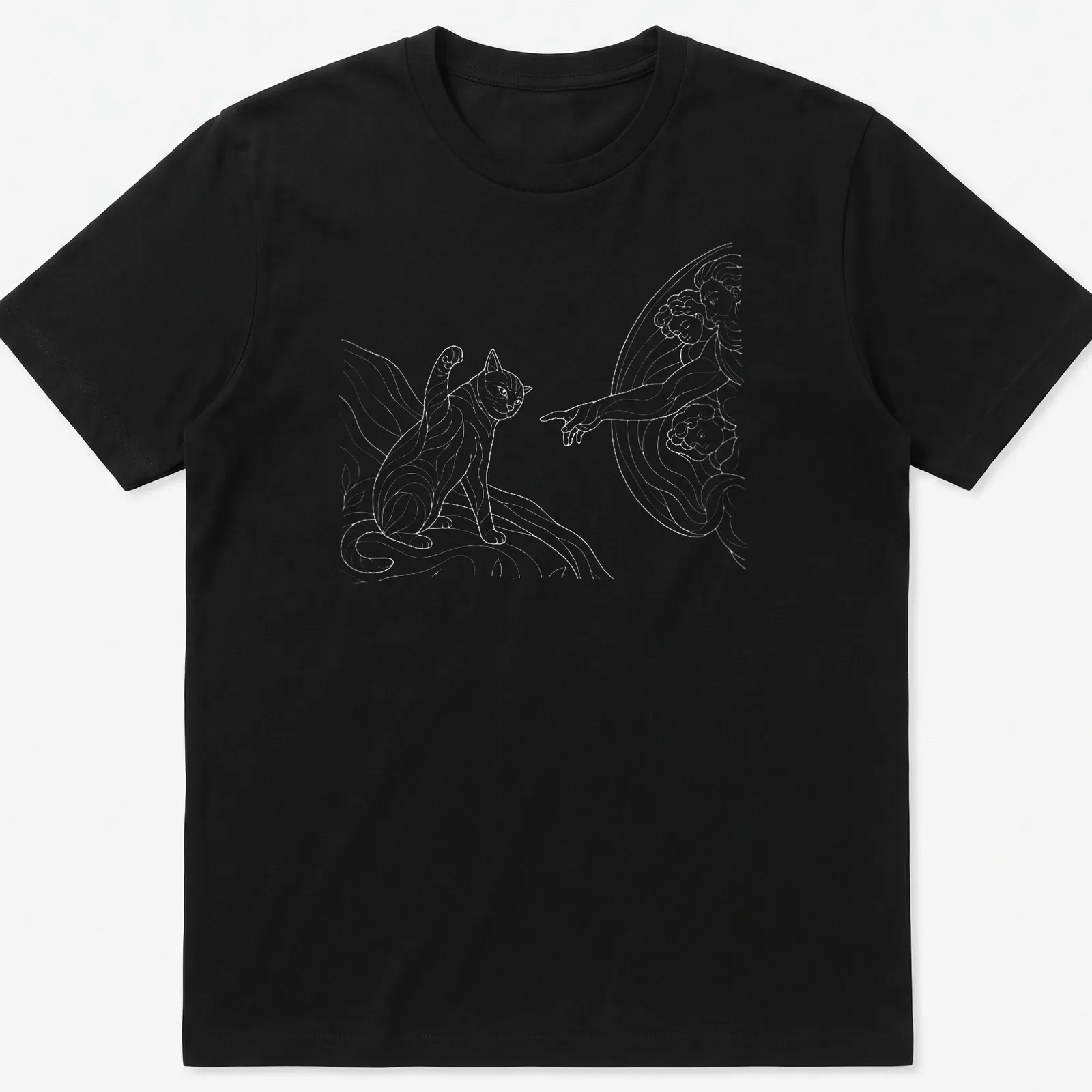Retro comic art t-shirt featuring a playful cat in beige and gray — printed on a unisex t-shirt