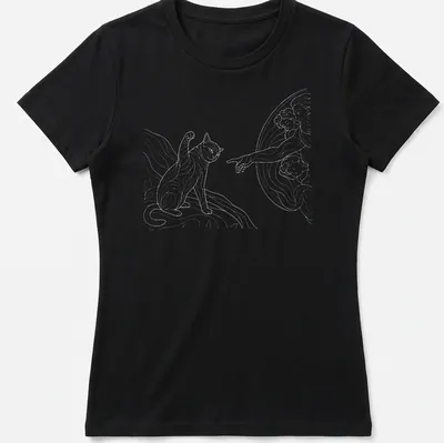 Retro comic art t-shirt featuring a playful cat in beige and gray — printed on a women's shirt