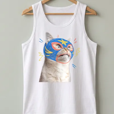Cartoon design of a confused cat wearing a colorful wrestling mask — printed on a tank top