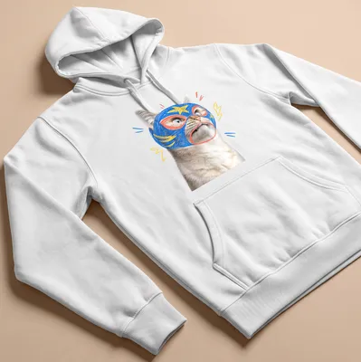 Cartoon design of a confused cat wearing a colorful wrestling mask — printed on a unisex hoodie