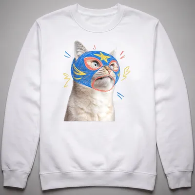 Cartoon design of a confused cat wearing a colorful wrestling mask — printed on a unisex sweatshirt