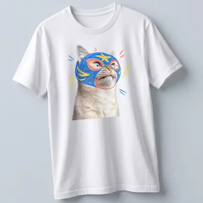 Cartoon design of a confused cat wearing a colorful wrestling mask