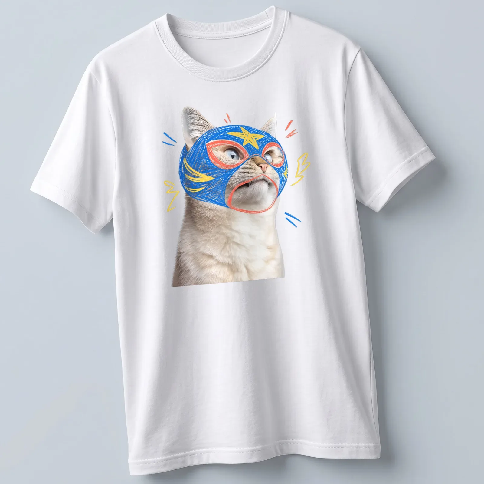 Cartoon design of a confused cat wearing a colorful wrestling mask — printed on a unisex t-shirt