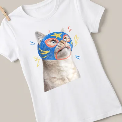 Cartoon design of a confused cat wearing a colorful wrestling mask — printed on a women's shirt