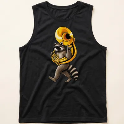 Illustration of a raccoon joyfully playing a sousaphone in rich colors — printed on a tank top