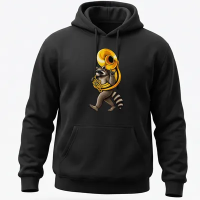 Illustration of a raccoon joyfully playing a sousaphone in rich colors — printed on a unisex hoodie