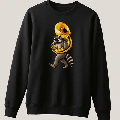 Illustration of a raccoon joyfully playing a sousaphone in rich colors — printed on a unisex sweatshirt