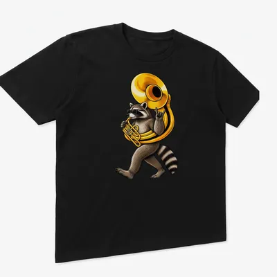 Illustration of a raccoon joyfully playing a sousaphone in rich colors — printed on a unisex t-shirt (angled view)