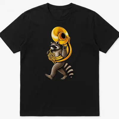 Illustration of a raccoon joyfully playing a sousaphone in rich colors — printed on a unisex t-shirt