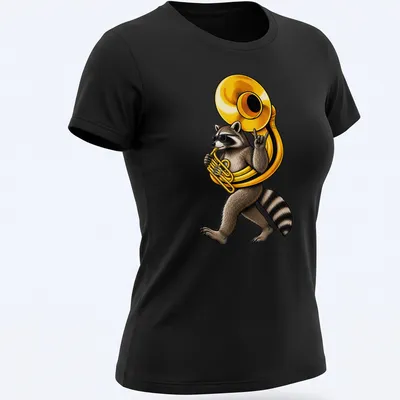 Illustration of a raccoon joyfully playing a sousaphone in rich colors — printed on a women's shirt