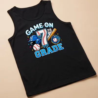 Colorful cartoon print of baseball equipment with 'GAME ON 7TH GRADE' text. — printed on a tank top