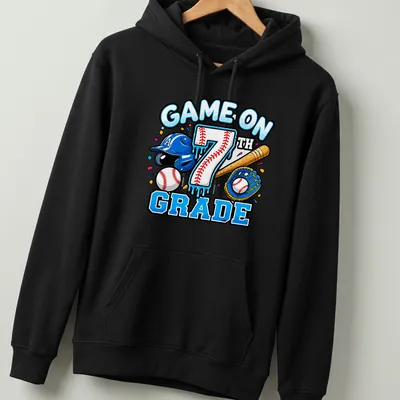 Colorful cartoon print of baseball equipment with 'GAME ON 7TH GRADE' text. — printed on a unisex hoodie