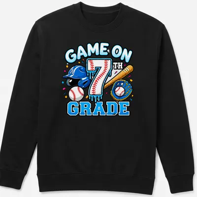 Colorful cartoon print of baseball equipment with 'GAME ON 7TH GRADE' text. — printed on a unisex sweatshirt
