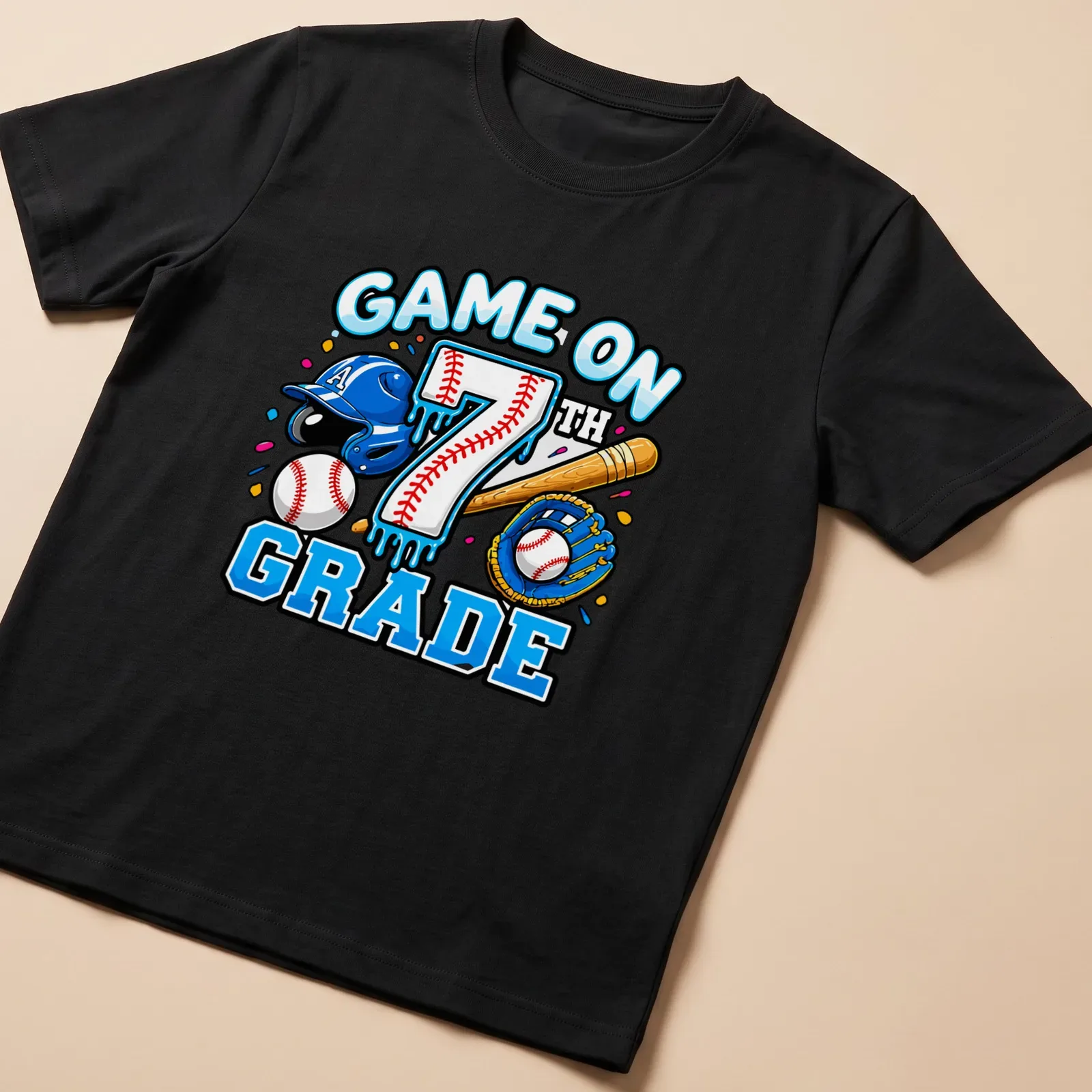 Colorful cartoon print of baseball equipment with 'GAME ON 7TH GRADE' text. — printed on a unisex t-shirt