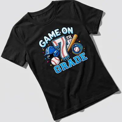 Colorful cartoon print of baseball equipment with 'GAME ON 7TH GRADE' text. — printed on a women's shirt