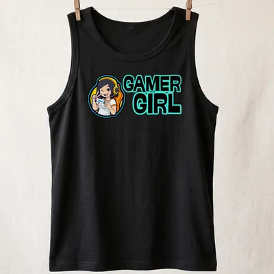 Cartoon gaming character with headset and bold Gamer Girl text — printed on a tank top