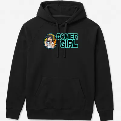 Cartoon gaming character with headset and bold Gamer Girl text — printed on a unisex hoodie