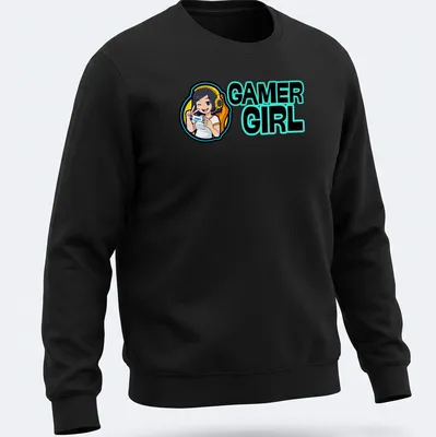 Cartoon gaming character with headset and bold Gamer Girl text — printed on a unisex sweatshirt