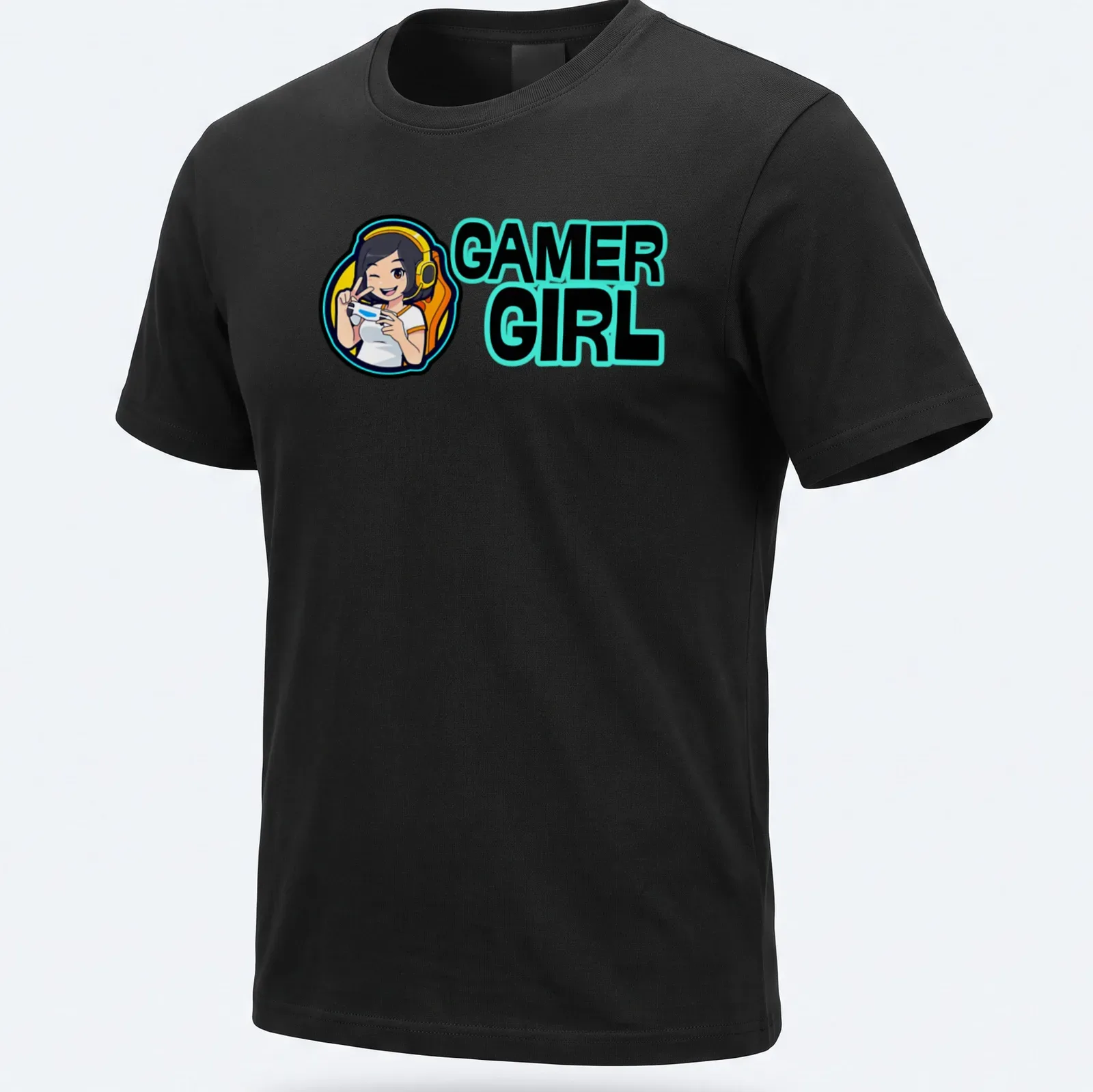 Cartoon gaming character with headset and bold Gamer Girl text — printed on a unisex t-shirt