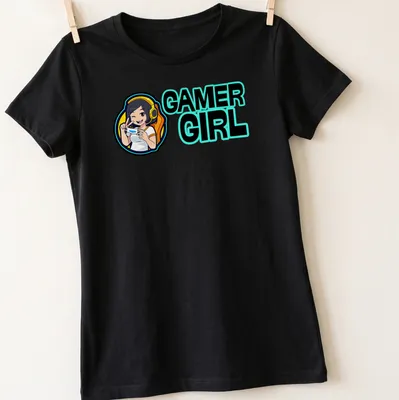 Cartoon gaming character with headset and bold Gamer Girl text — printed on a women's shirt