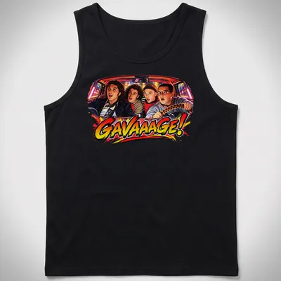 Vintage comic style shirt featuring four boys in a colorful car with the text GAVAAAGE! — printed on a tank top