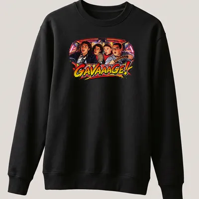 Vintage comic style shirt featuring four boys in a colorful car with the text GAVAAAGE! — printed on a unisex sweatshirt
